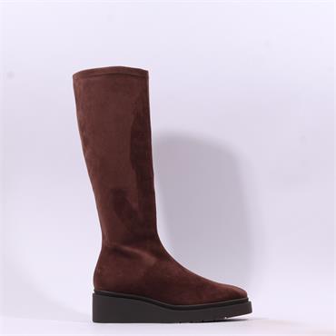 Miss Elastic Platform Wedge Long Boot - Brown Stretch